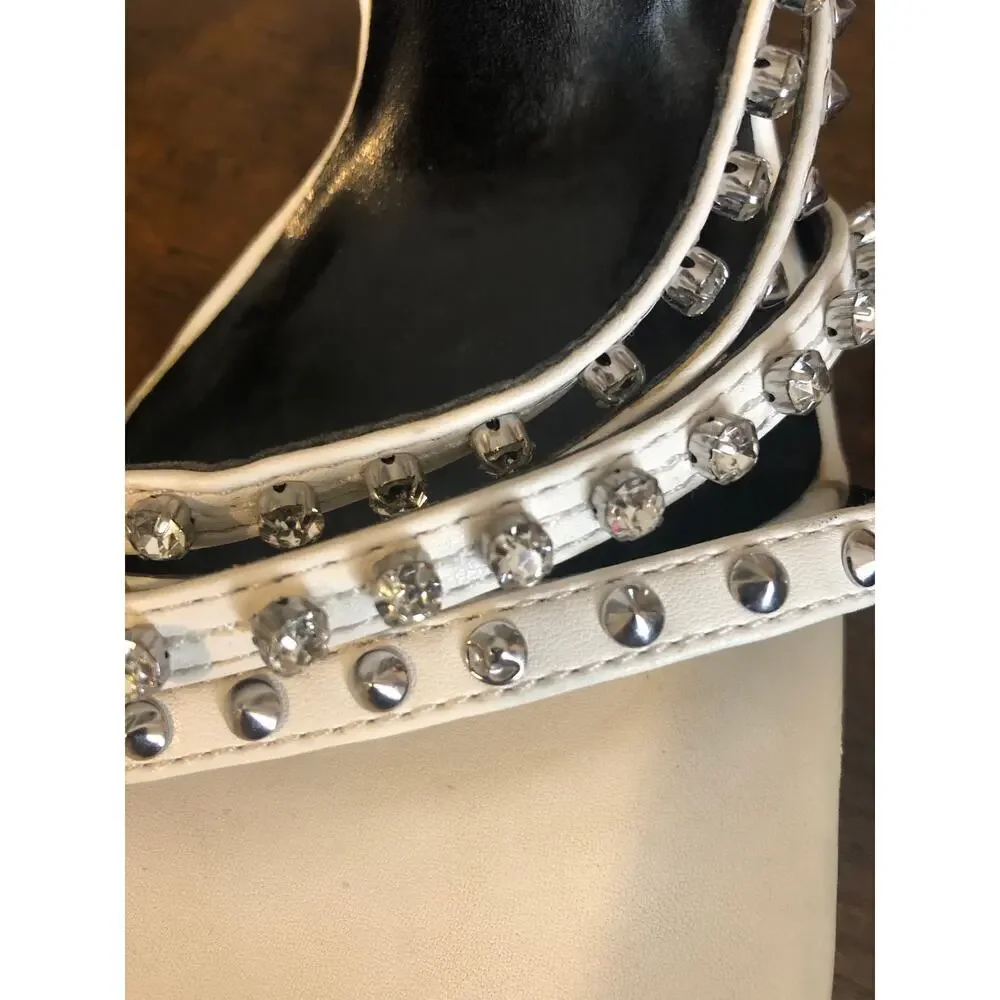 Zara Studded High Heel Sandals Size 38 White Silver Crystals Square Toe 7.5 US